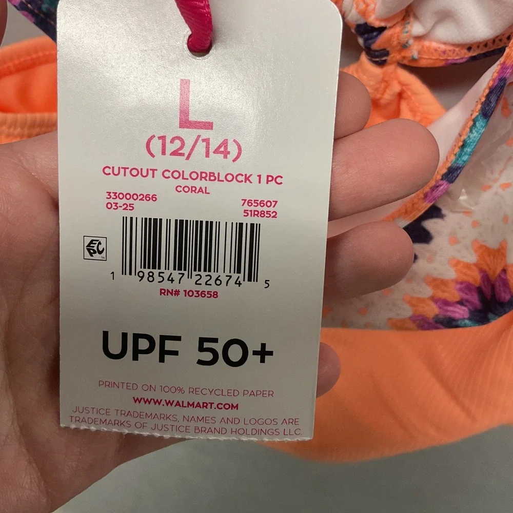 Justice Girls Cutout Colorblock One Piece‎ Swimsuit Coral Print  L 12-14 UPF 50
